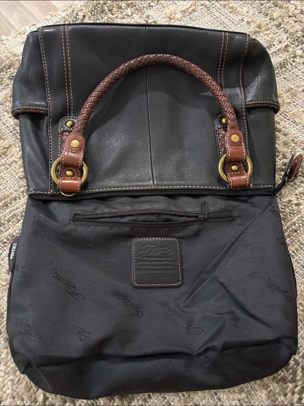 Fossil black leather with cream stitching, double braided handles, - Picture 11 of 14